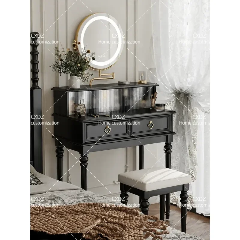Solid Wood Dresser 80CM Retro Black Makeup Table for Master Bedroom Small Apartment Light Luxury Vanity Desk with Advanced