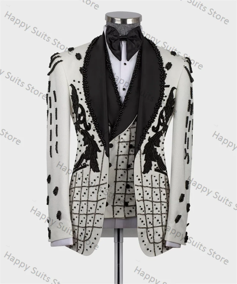 

Crystals White Men Suit 3 Piece Blazer+Vest+Black Pants Formal Office Cotton Jacket Coat Wedding Tuxedo Customized Trousers