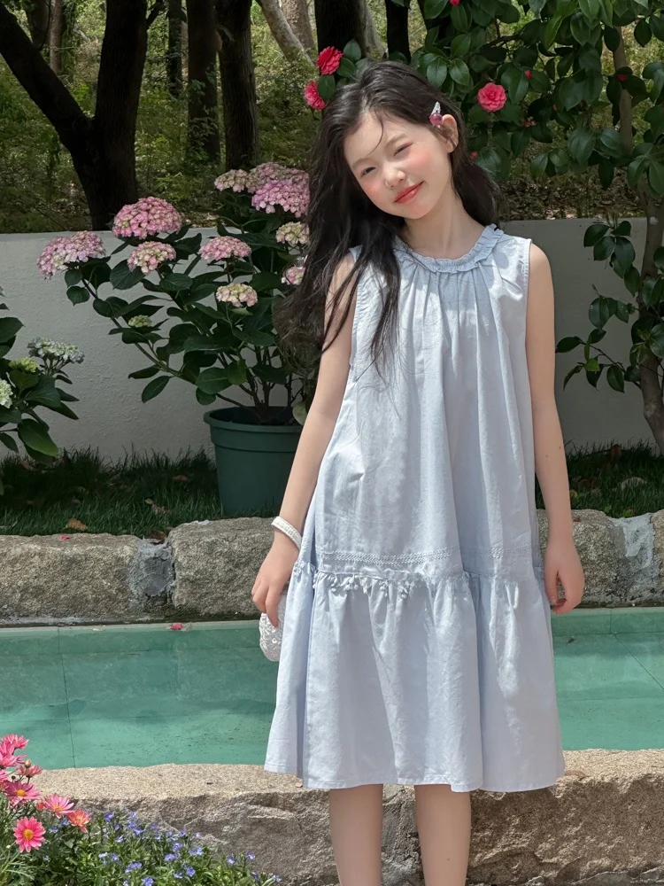 Vestido de Verão para Meninas, Estilo Fresco, Sem Mangas, com Gola de Boneca, Saia Azul, Conjunto Fashion para Crianças