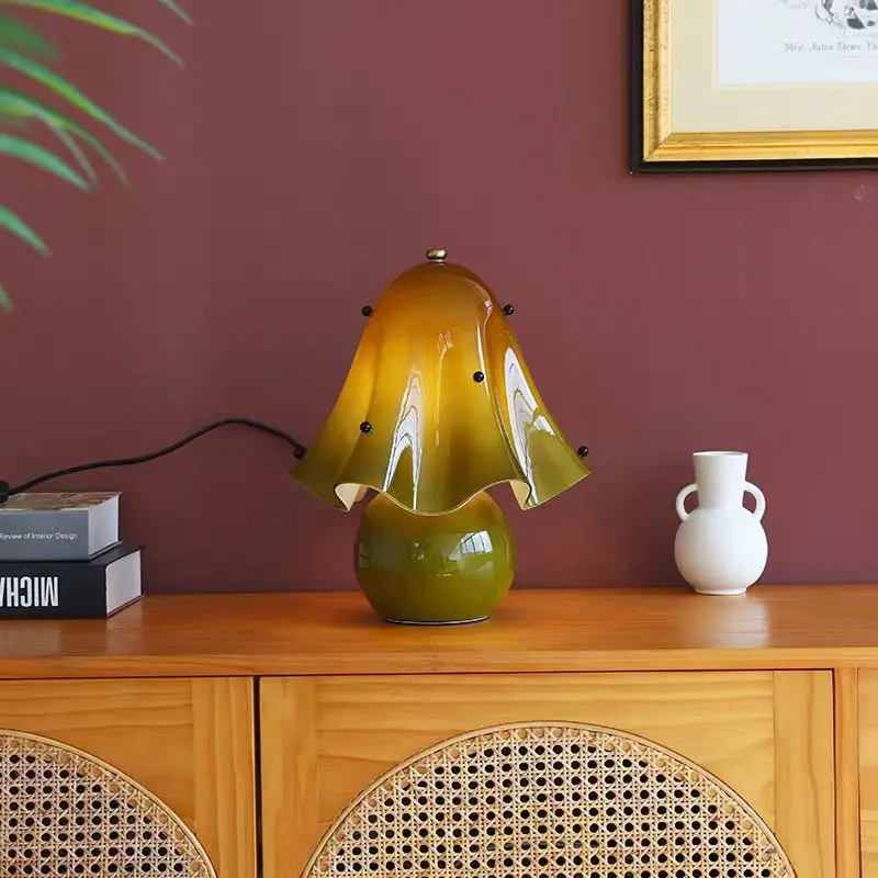 Vintage Amber Glass Table Lamps Decor Wavy Ruffled Shade Ceramic Base Modern Accent Bedroom Living Room Home Bedside Desk Lights