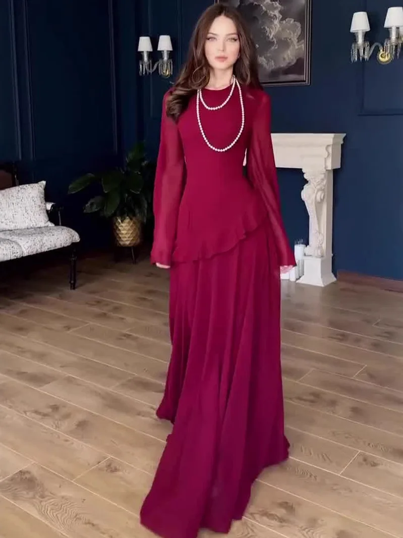 

Ele Red Evening Gown New Year Spring New Sle Long Sve Fairy Dr Luxury Drifting Women's Dr Midi Length Waist