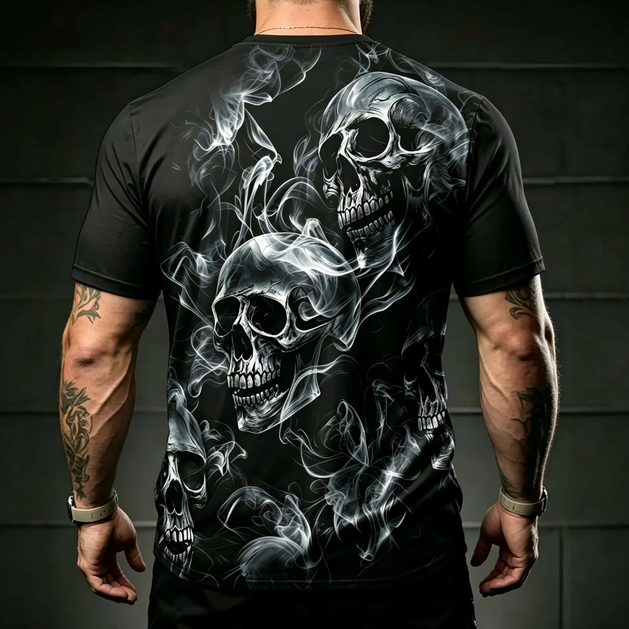 Men Gothic Skull Smoke Graphic T‑Shirt Dark Horror Skeleton Print Short Sleeve Tee Black Casual Punk Streetwear Loose Daily Top