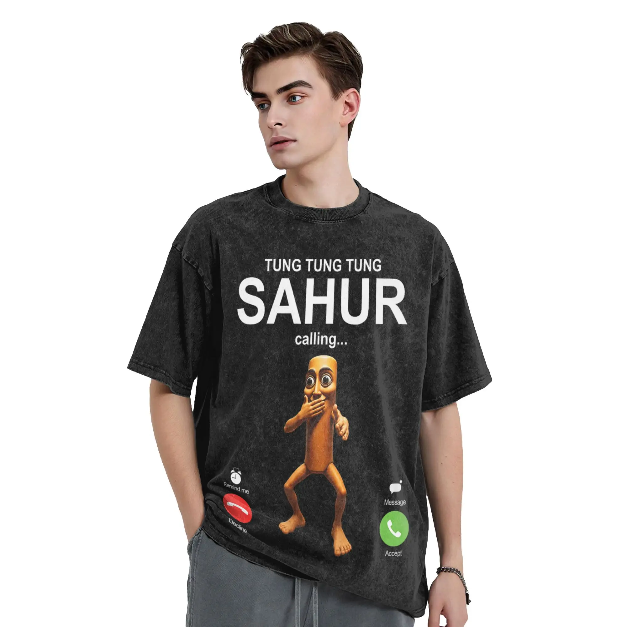 Tung Tung Tung Sahur Calling Funny Fishing Brainrot Joke Washed T Shirts Streetwear T-Shirt Tees for Men Women Short Sleeve