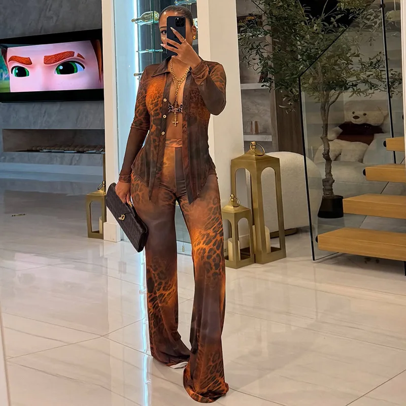 

Leopard Print Mesh Women Two-piece Set 2025 Autumn Turn-down Collar Long Sleeve Button Cardigan Flared Pants Party Clubwear
