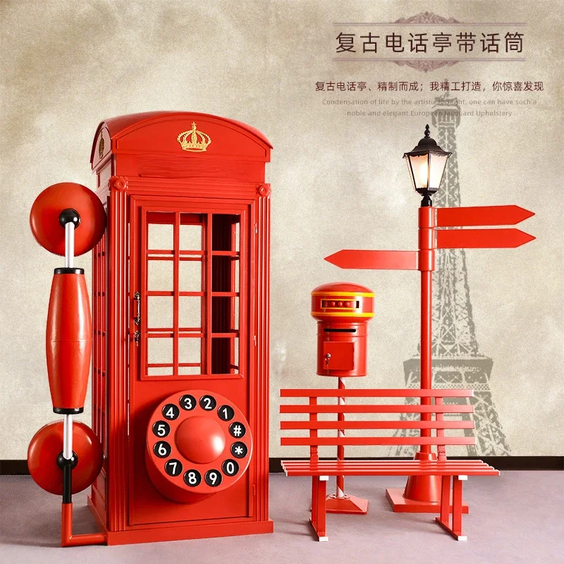 Industrial style wrought iron new phone booth set large floor ornament scenic mall clock in photo model props