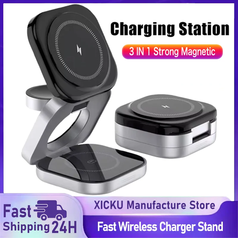 

3 In 1 Magnetic Wireless Charger Stand For iPhone 16 15 14 Pro Max IWatch AirPods 3/2 Foldable Fast Charging Holder Dock Station
