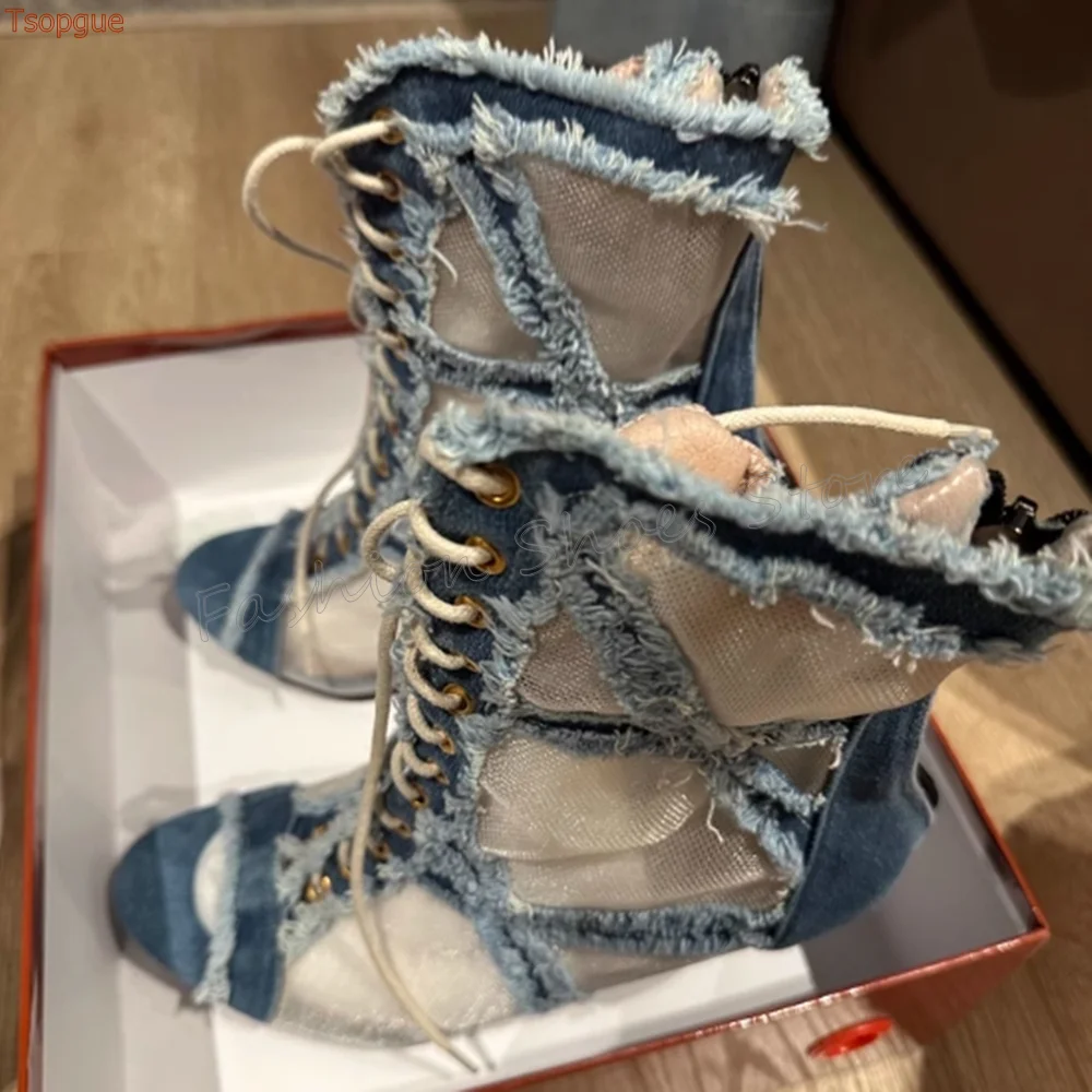 Denim Peep Toe Lace-up Sandalen Terug Rits Stiletto Hoge Hakken Hoge Hak Schoenen voor Vrouwen Hakken 2025, Nieuwe Zapatos Para Mujere