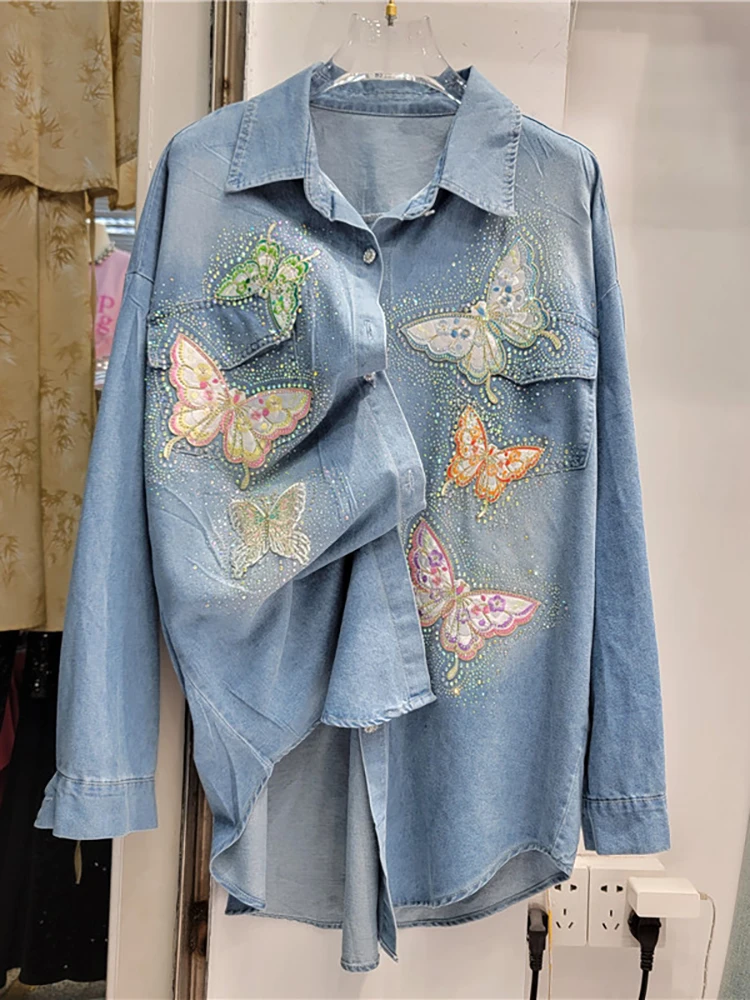 DEAT Women Denim Shirt Colorful Butterfly Embroidery Loose Diamonds Single Breasted Thin Blouse 2024 Autumn New Fashion 29L7273