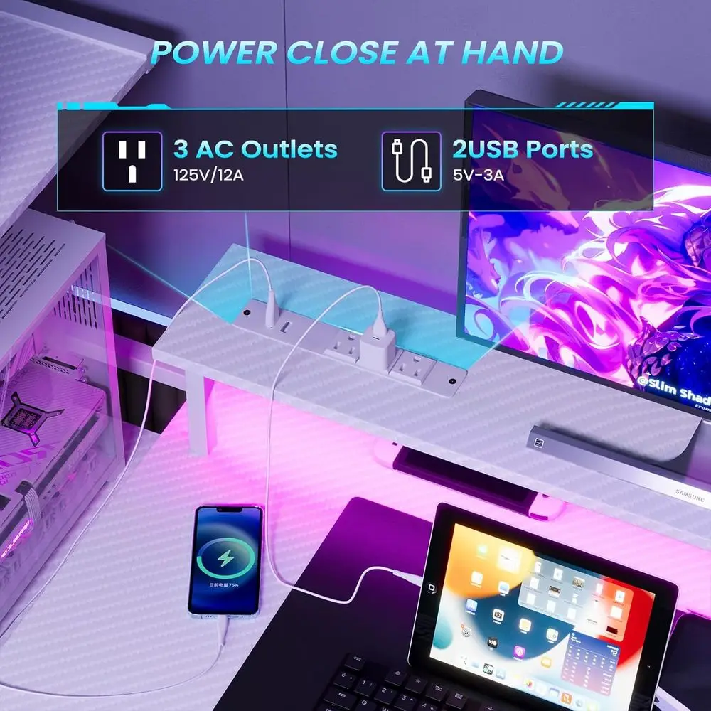 Carbon Fiber White 51 Gaming Desk with 4 Drawers, LED Lights, and Power Outlet for Compact Spaces