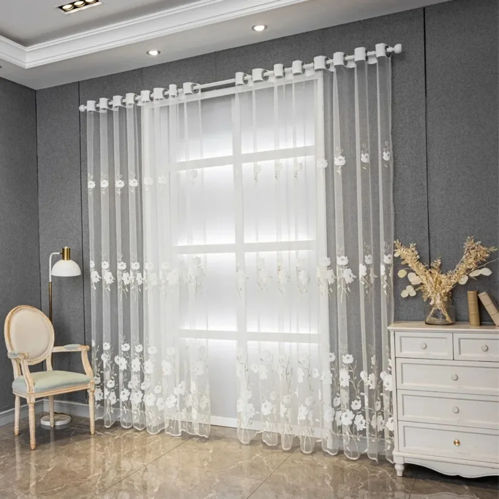 White Floral Embroidered Sheer Curtains Spring Light Gauze Curtains for Living Room Bedroom Home Decor Rideau