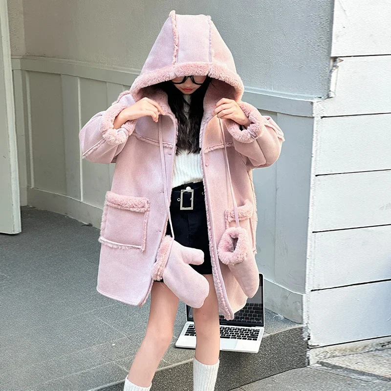 Girls' Winter Fur Integrated Warm Jacket 2024 New Middle-aged and Older Children's Girls' Korean Version of Children's Fur Coat