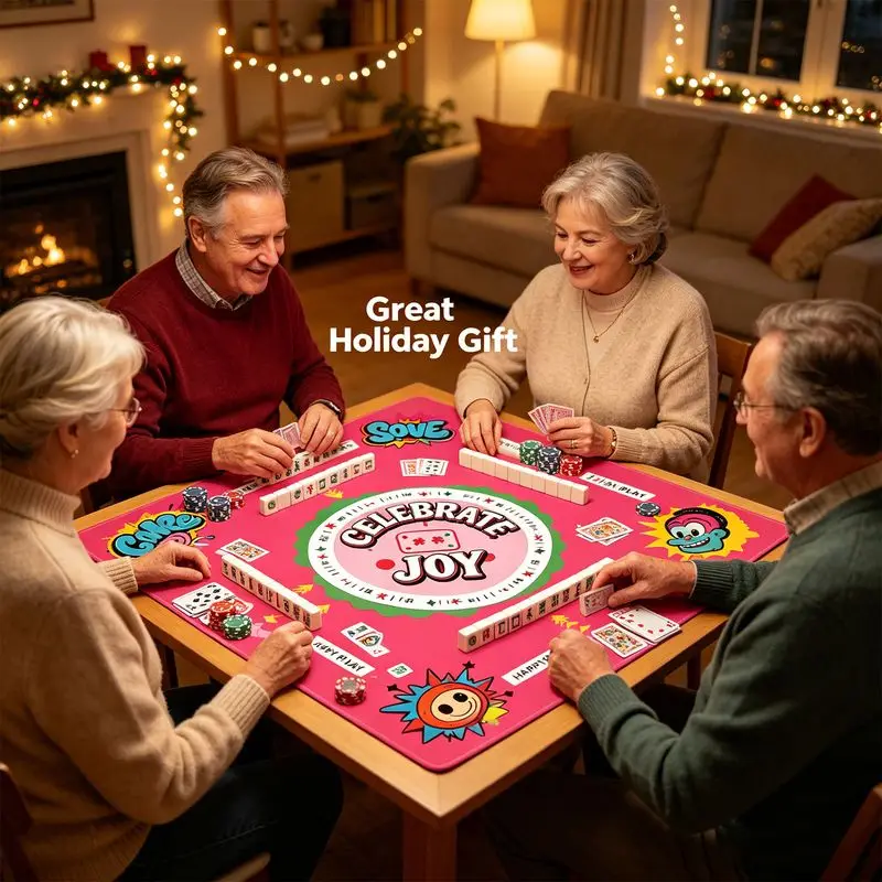 VIKAMA Retro Smiley Face American Mahjong Mat Silent Non Slip Foldable Square Game Pad Fun Cartoon Holiday Desktop Decor