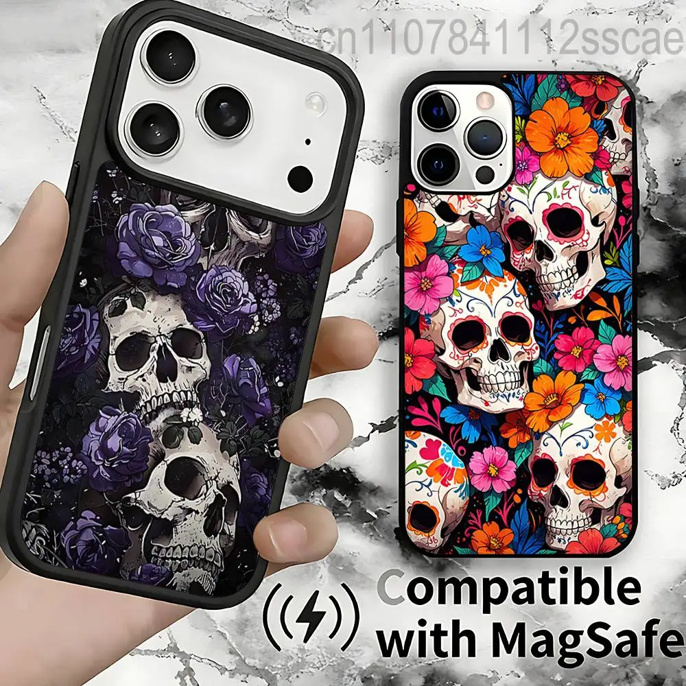

Skull flower Pattern For IPhone 17,16,15,14,13,12,11,Pro,Max,Plus,Mini,SE4,E Protective Magnetic Case Cover