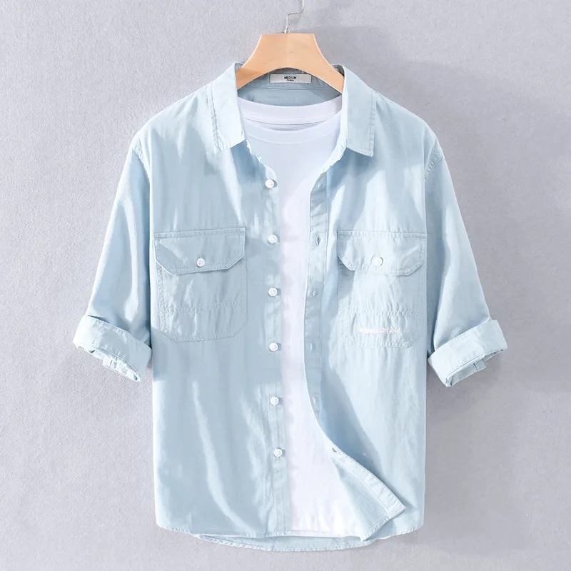 Zomer Half Mouw Shirts Man Japanse Mode Cargo Shirt Casual Revers Dubbele Zakken Vissen Shirts Puur Katoen Mannen Kleding