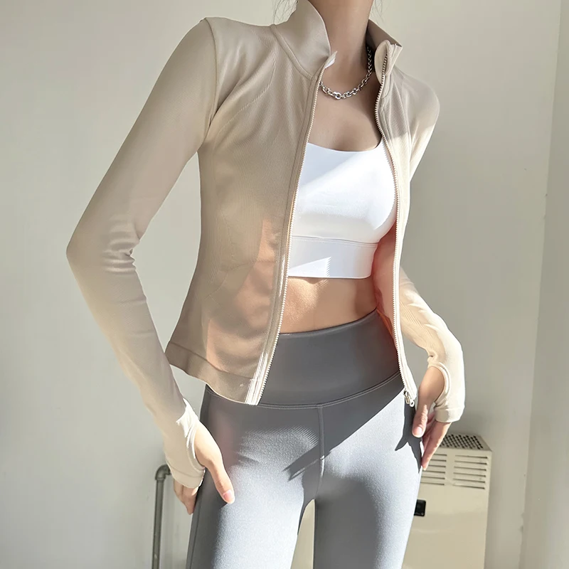 Women Seamless Full Zip Workout Jacket, Thumb Hole Long Sleeve Stand Collar Slim Fit Yoga Sports Running Jacket