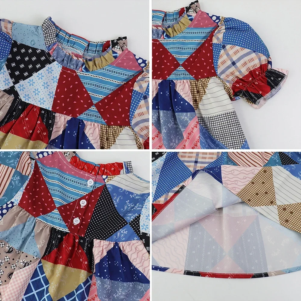 Summer Girls Patchwork Dress Puffy Sleeve Multi-color Plaid Skirt 3 To 7 Years Old Casual Style Children\'s Clothing Clothes