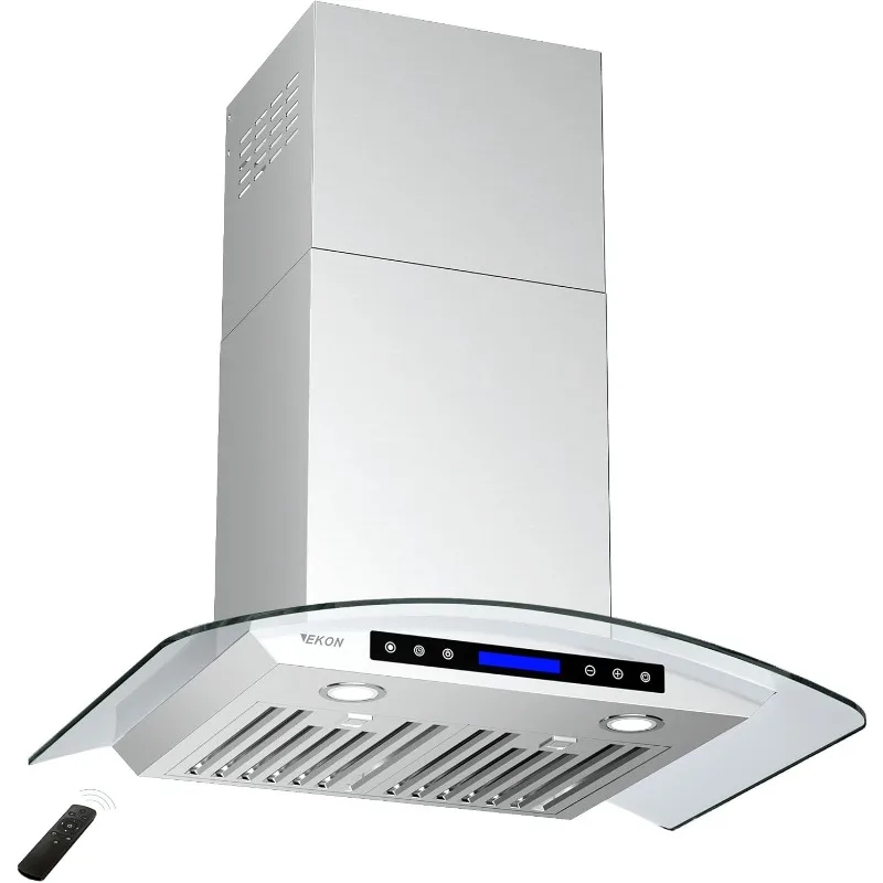 EKON NAP03-36N Wall Mounted Stainless Steel & Curved Glass Kitchen Range Hood, 900 CFM / 4 Speeds Touch Control With Remote