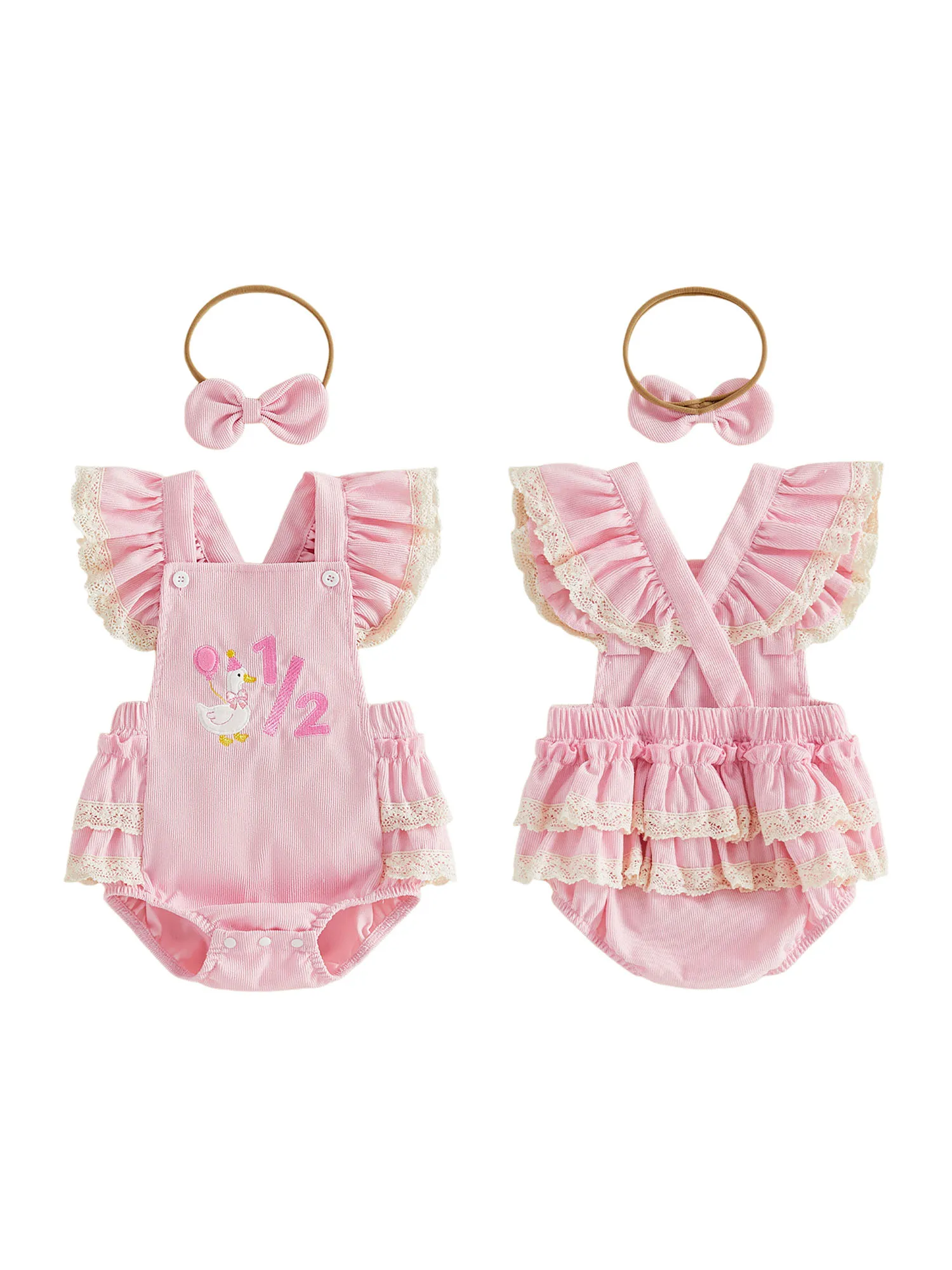 Girls-Half-Birthday Birthday Romper Flying Sleeve Jumpsuit With Flying Sleeve Jumpsuit With Headband Girls Half Romper Flying
