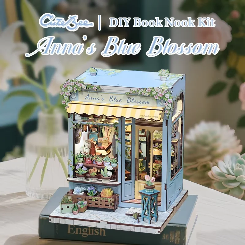 

CUTEBBE 3D Wooden Puzzle DIY Doll House Book Nook Kit with LED Light Bookshelf Insert Anna's Blue Blossom For Home Decor