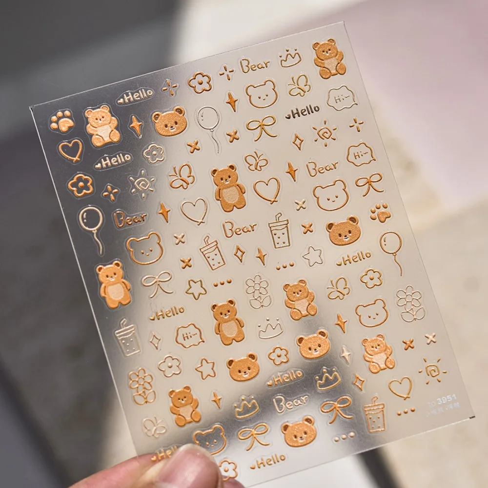 Bowknot Jelly Bear Nail Stickers Flower Pattern 5D Embossed Stickers Jelly Cartoon Nail Decals Brown Bear Nail Supplies