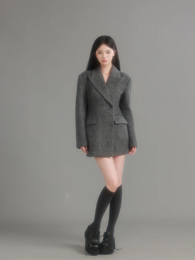 

Agua One 2025 Winter ort ey Woolen Suit Jaet Waist-Cinched Sle Commute Design Single Button Long Sve Coat