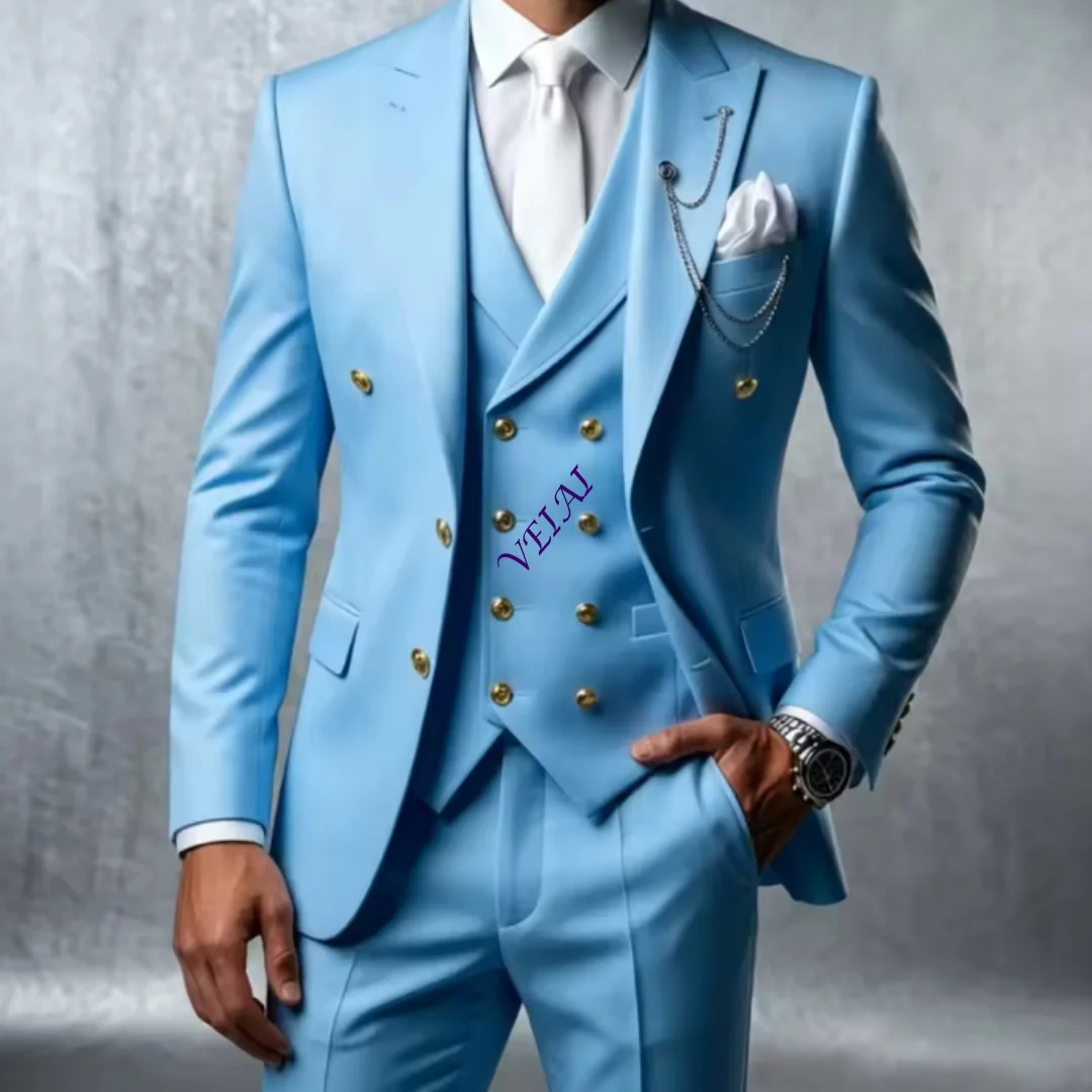 Customized Breasted 3 Pieces Groom Suit for Men Wedding Tuxedo with Gold Buttons Slim Fit Blazer Vest Pants Party Banquet Luxury