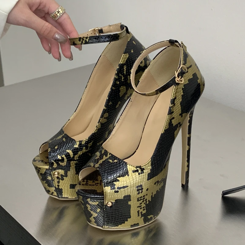 

Women's Peep Toe Metallic Snake Print Faux Leather Ankle Buckle Strap Thick Platform Stiletto Heel Pumps,Nightclub Footwear Drop