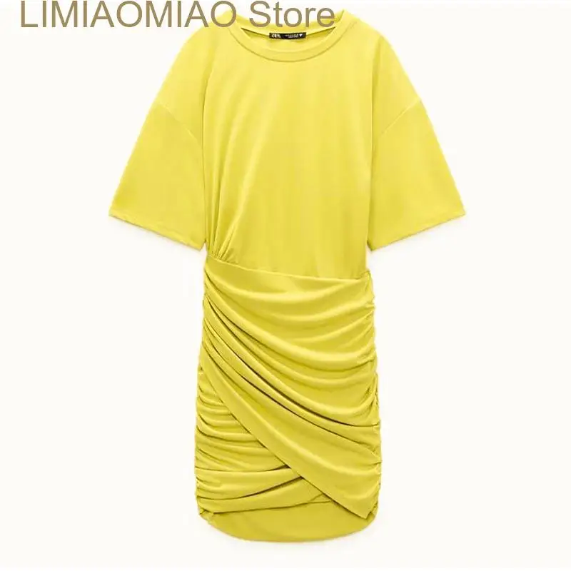 New Women Sexy Pleated Hip Package Dress Summer Short Sleeve O-neck Slim Dresses Female Fashion Mini Party Lady Vestidos