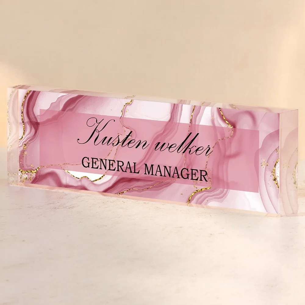 Personalized 2D Flat Acrylic Office Name Plate, Custom Pink Gold Marble Decor Sign, Gift for Teachers Nurses Employees Colleague