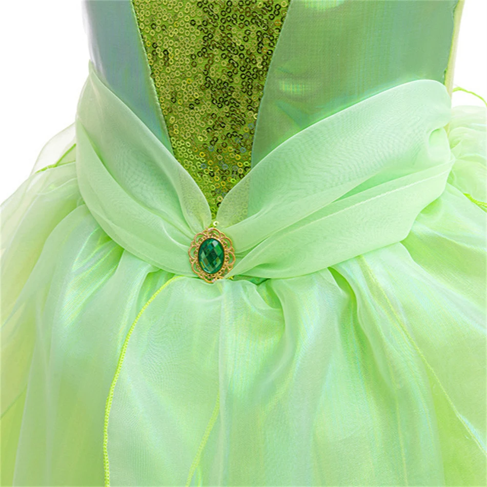 Disney Tinker Bell Tutu Dress Kids Cosplay Green Flower Fairy Elf Wings Children Luxury Elf Cosplay Costume Gift Halloween Cloth