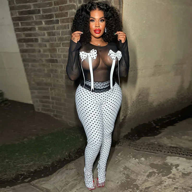 Sexy Mesh See Through Night Club Outfits Women 2 Piece Set Y2K Polka Dot Print Bow Tie Long Sleeve Top and Split Flare Pants