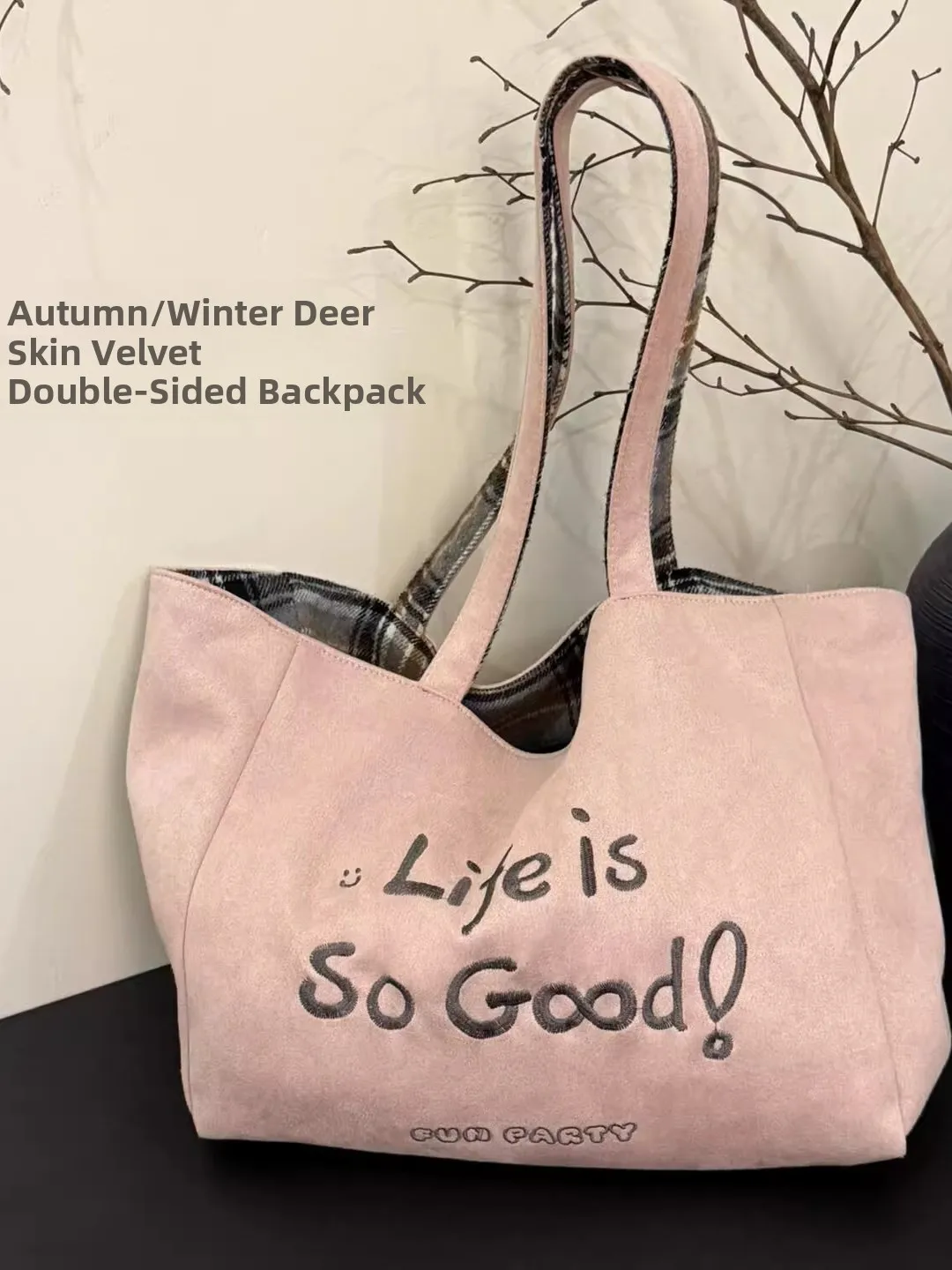 

Double-Sided Suede Embroidered Letter Large Capaci Canvas Tote Bag Artistic Retro Commuter Bag Soft Square ape Polyester ...