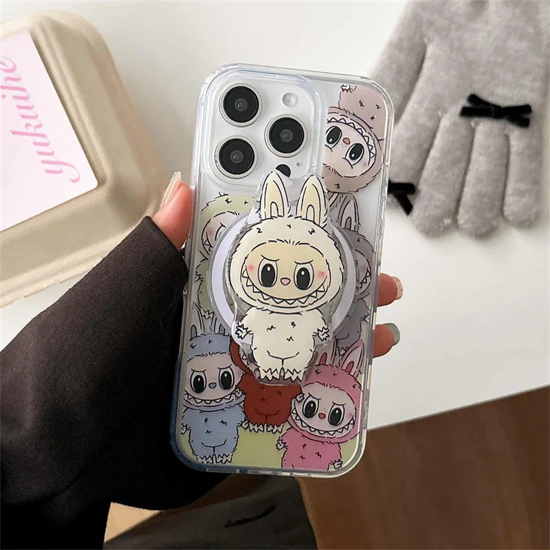Kawaii الكرتون الأرنب المغناطيسي قضية الهاتف آيفون 16 برو 15 14 13 برو ماكس غطاء مع حامل Magsafe للصدمات لطيف حالات كابا