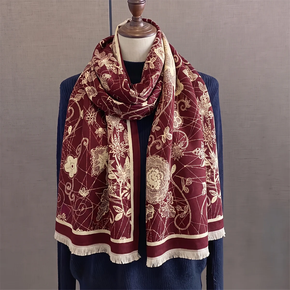 Luxury Ornate Floral Satin Jacquard Shawl Soft Winter Neck Wrap Double Face Stole Female Office Vacation Overcoat Matching