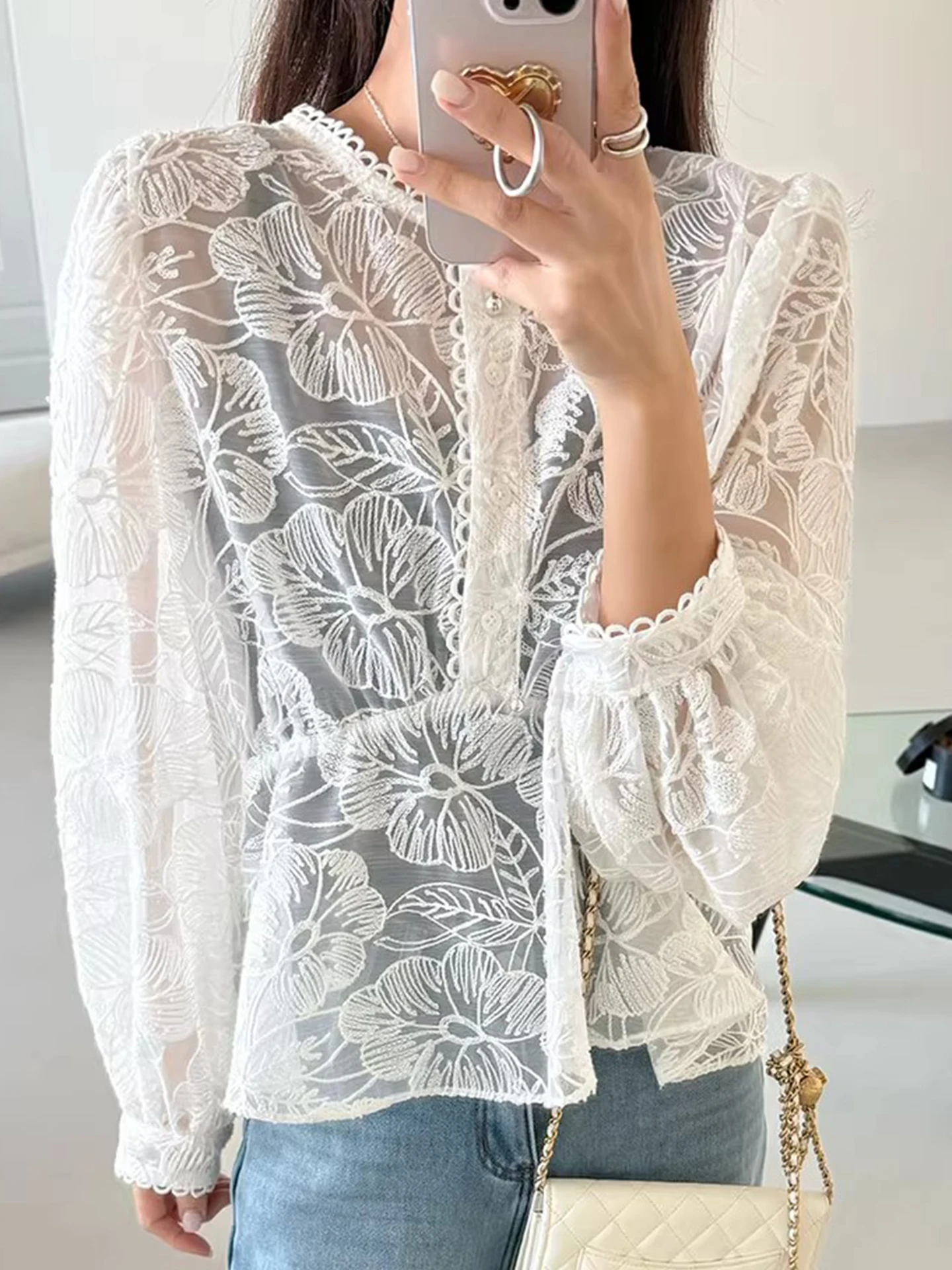 

Новая весенняя женская блузка Liangliang Home с тяжелой вышивкой и кружевом, полупрозрачная, с воротником-стойкой, длинными рукавами, повседневная