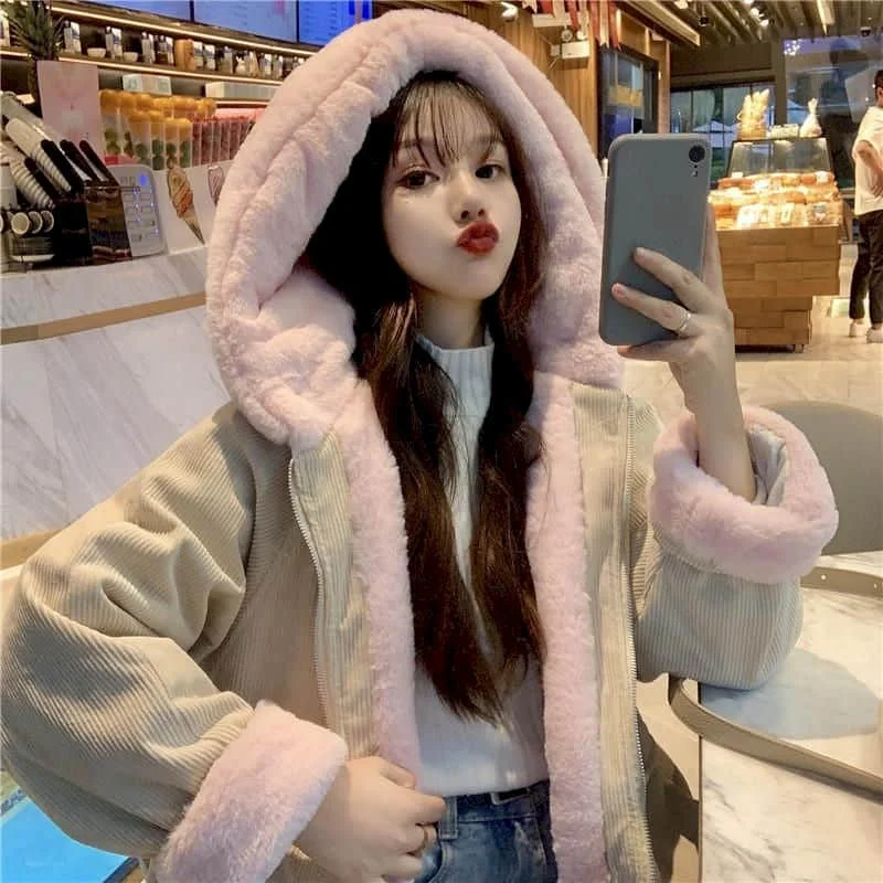 2023 New Cotton Plus Velvet Loose Hooded Corduroy Long-sleeve Coats Thicken Jackets Female Student Autumn Winter Korean Overcoat