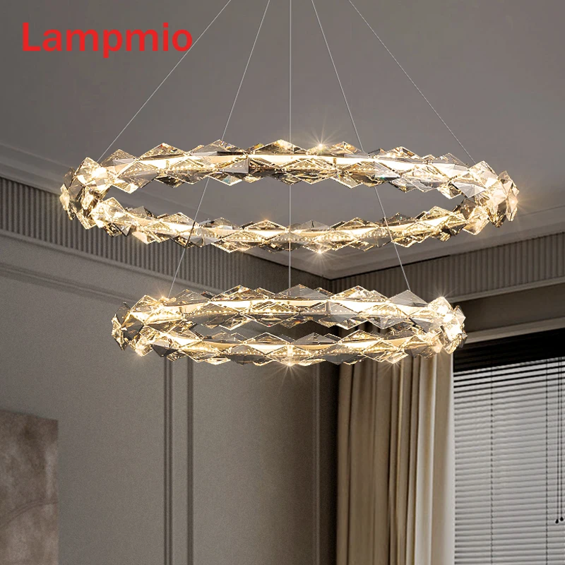 

Luxury 80CM Layers Crystal Chandelier For Living Room Villa Postmodern Lustres 1M Ring Staircase Chandeliers Round Dining Lamp