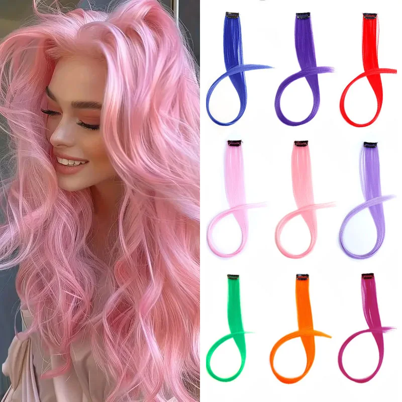 

22Inch Synthetic Long Straight Clip In Hair Extensions High Temperature Hairpieces Rainbow Colors Hair Accessories for Women