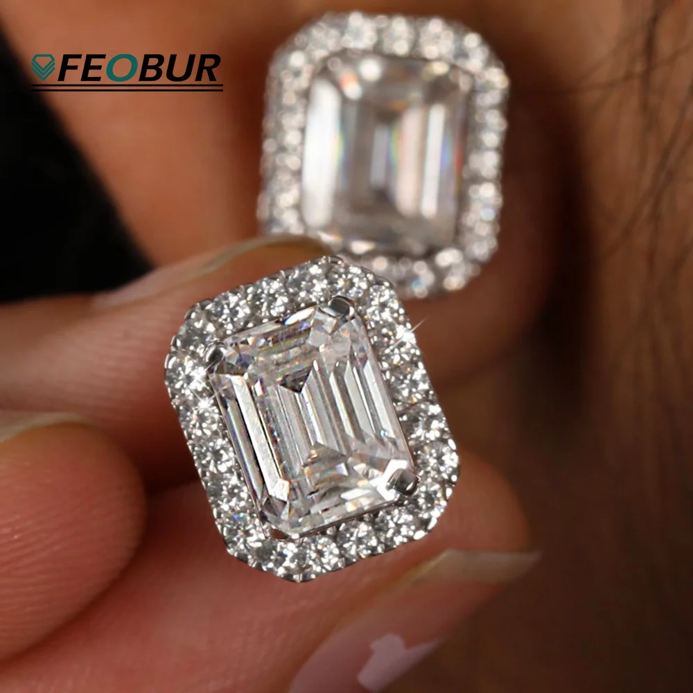 FEOBUR 0.5/1/2ct Emerald Cut Halo Moissanite Stud Earrings 925 Sterling Silver Diamond Rectangular Earring Women Bridal Jewelry