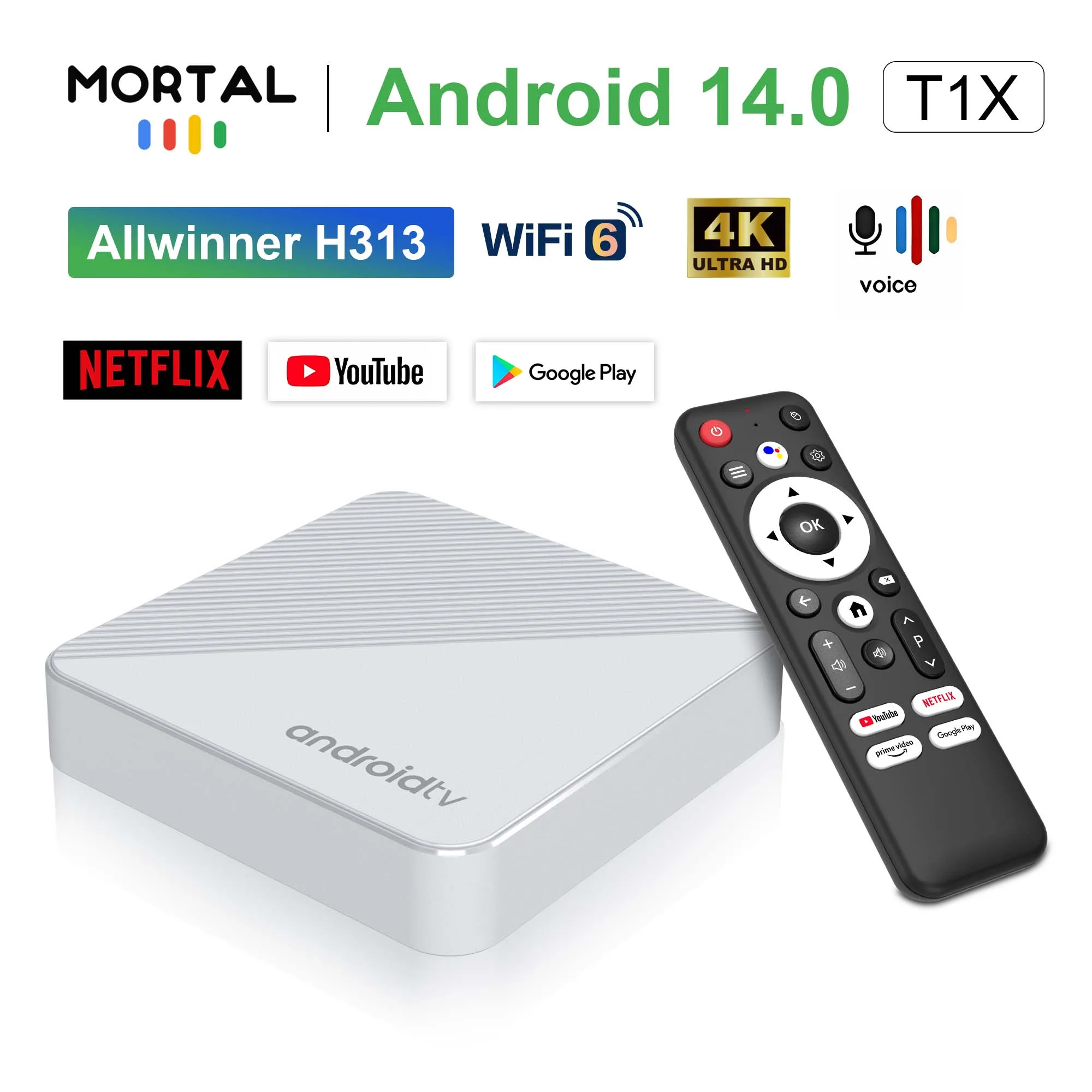 Mortal T1X Allwinner H313 Android TV Box Android 14 BT5.0 Wifi 6 Google Assistant chromecast Home Theater Streaming Media Player