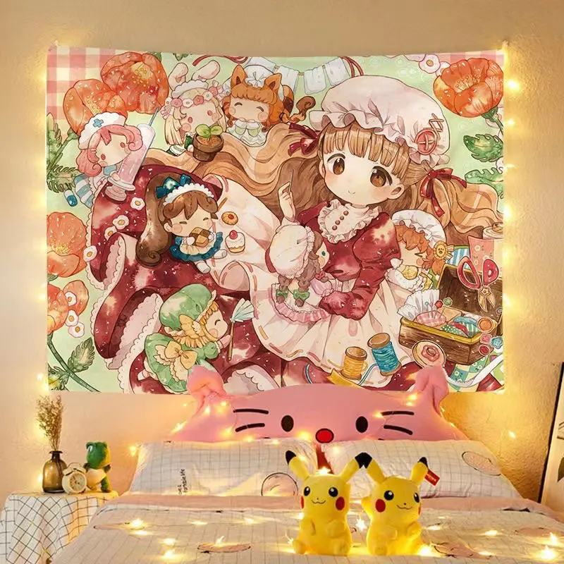 Niedlicher Wandteppich mit Mädchen und Kaninchen für Schlafzimmerdekoration, Wandbehang, Hintergrundstoff, Kopfteil, Wandteppich für Studentenwohnheime