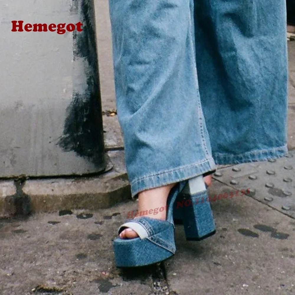 

Open Toe Platform Buckled Slingback Women's Sandals Splicing Denim Sewing Sandals 2025 New Arrival Chunky Heels Patchwork Shoes