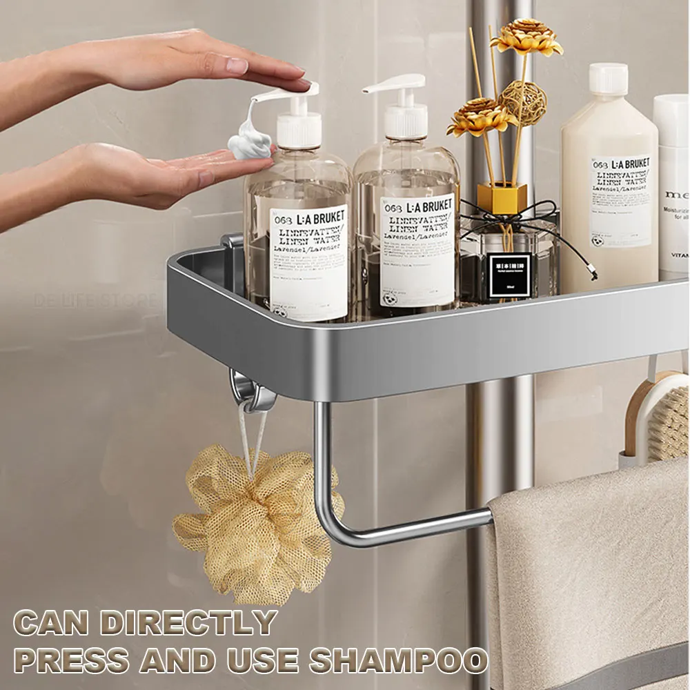 Aluminum Shower Shelf With Towel Rack Bathroom shelf Without Drilling Soap Shampoo Holder Shower Tray Bathroom Organizer