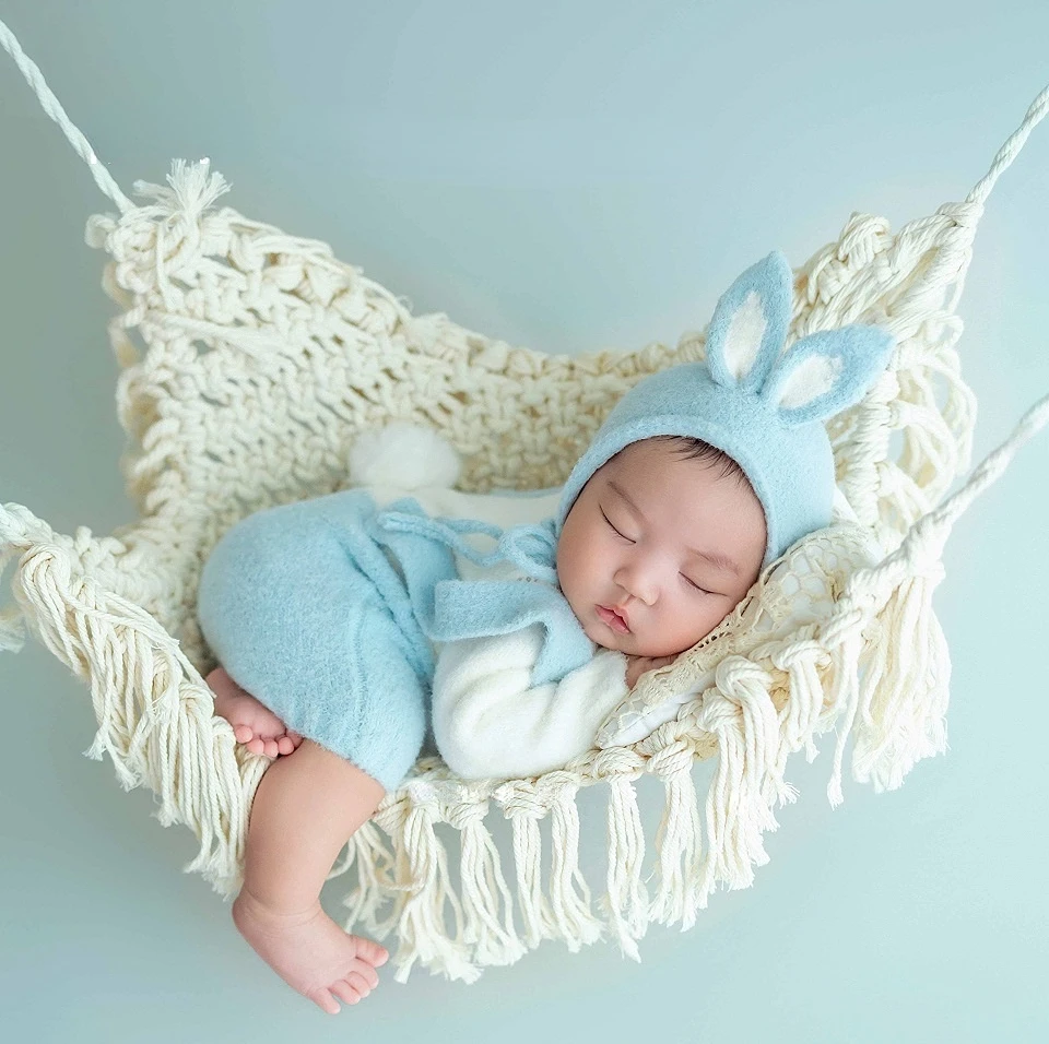 

Newborn Baby Photography Props Accessaries Bunny Outfit Romper Hanging Bed Knitting Hammock Photoshoot Studio Shoot Props