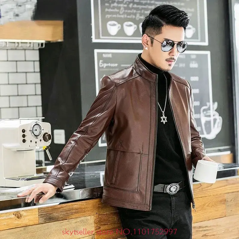 

2022 Spring Autumn Men New Sheepskin Leather Jackets Men's Thin Stand Collar Outwear Male Slim Fit Genuine Leather Coats W16