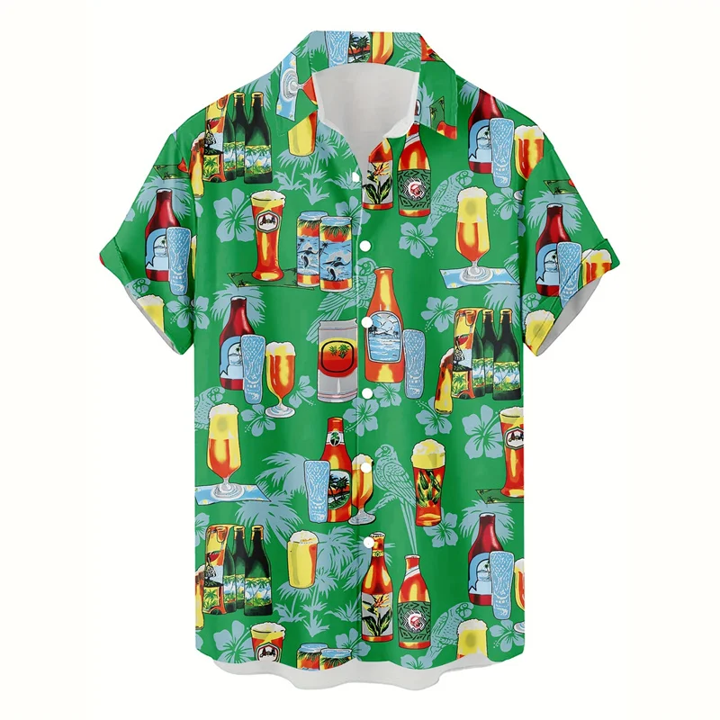 Colorful 3d Printed Cocktail Beer Hawaiian Shirt For Men Food Hamburger Graphic Short Sleeves Tops Summer Beach Button Blouse