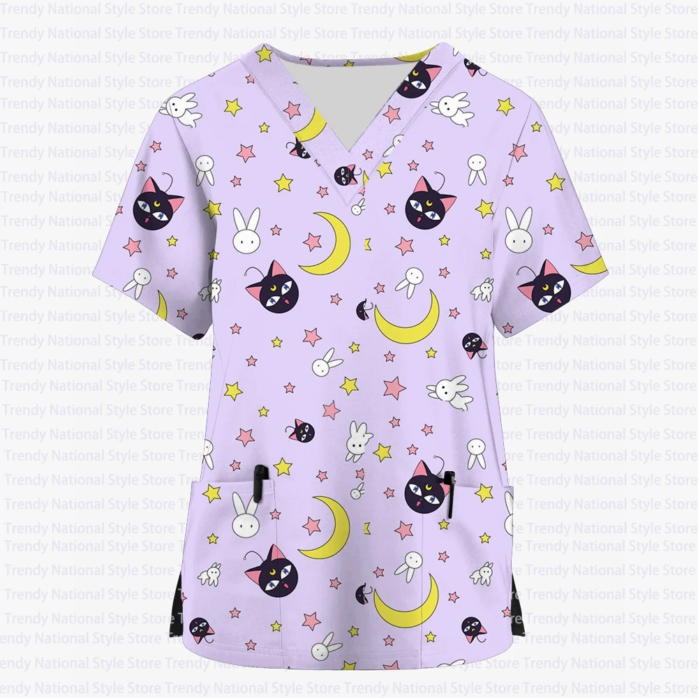 

Women's Nurse Uniform Scrub Top Sailor Moon Print V Neck Pocket Short Sleeve T-shirt Beauty Salon Dental Pet Shop Work Clothing