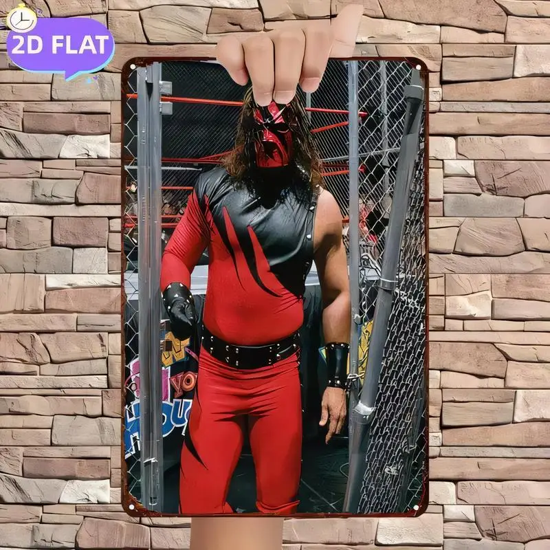 Retro Masked Wrestler Metal Tin Sign - Red/Black Outfit, Iron Wall Art (Wrestling Ring Scene) for Game Rooms, Gyms, Bars Decor