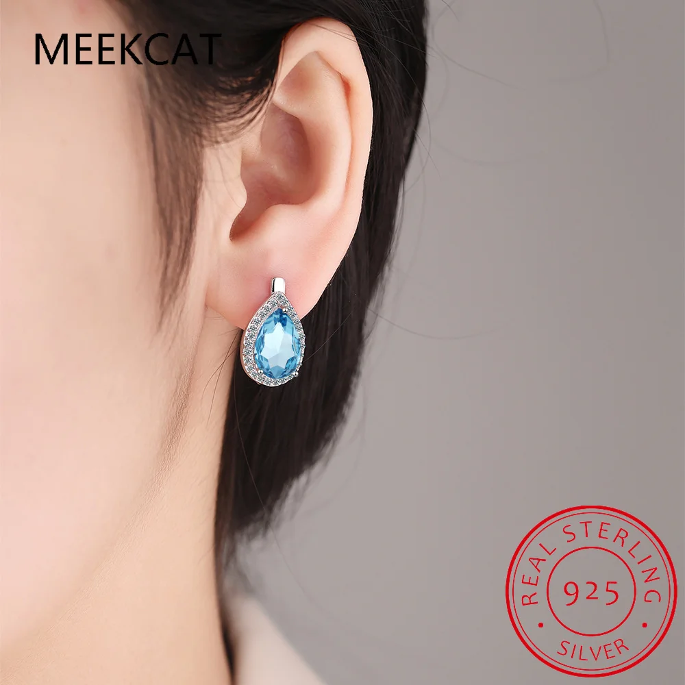 Pear Cut Created Blue Sapphire 925 Sterling Silver Hoop Earrings for Women Fashion Statement Gemstone Jewelry Huggies view 5