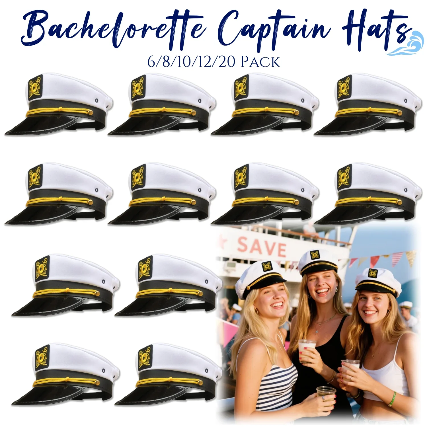6/8/10/12/20Pack Captain Hats Bulk Bachelorette Party Caps Adjustable White Sailors Hats for Wedding Yacht Theme Party Props